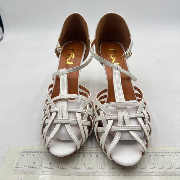 FSJ White Cute Strappy Peep Toe D'Orsay T-Strap Ankle Buckle High Heel Shoes - Picture 2 of 7